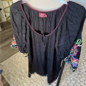Avani Del Amour Black Embroidered Vibrant Floral Tunic Top, Black and Pink, M